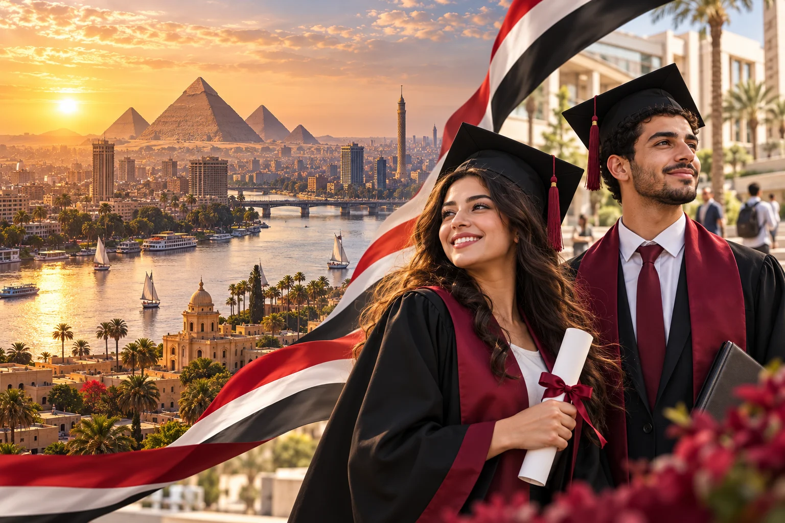 صورة توضيحية مولدة تجمع مصر وشبابًا جامعيين تخيليين